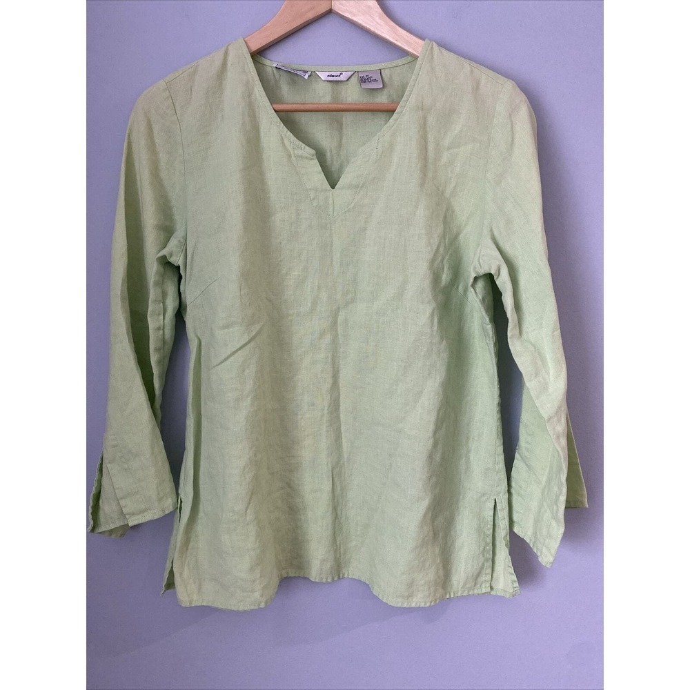 edward 100% Irish Linen Blouse w/ Split Neck & Sleeves Size M Green Lagenlook